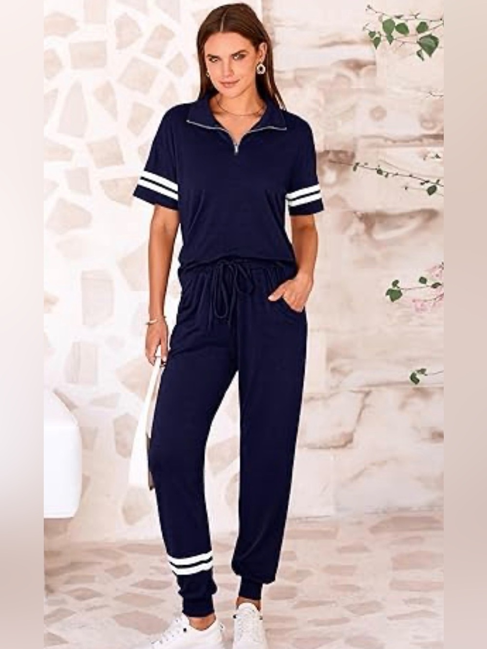 Women’s 2 Piece Quarter Zip Short Sleeve Outfit Matching Jogger Navy Size Large